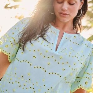 Lane Bryant Eyelet Flutter Sleeve Notch Neck Scalloped Hem Top Sz 20 Teal Combo